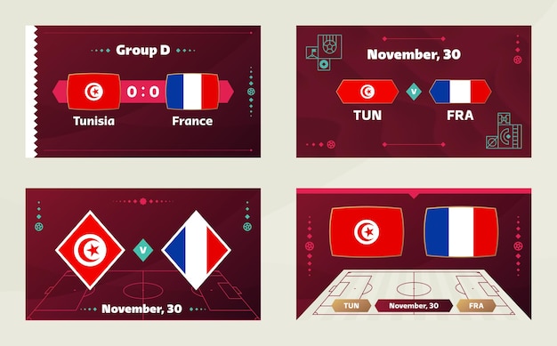 Tunesien vs. Frankreich Fußball 2022 Gruppe D Fußballweltmeisterschaft Meisterschaftsspiel gegen Teams Intro Sport Hintergrund Meisterschaftswettbewerb Finale Poster Vektor Illustration