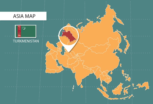 Turkmenistan-Karte in Asien Zoom-Versionssymbole mit Standort und Flaggen von Turkmenistan