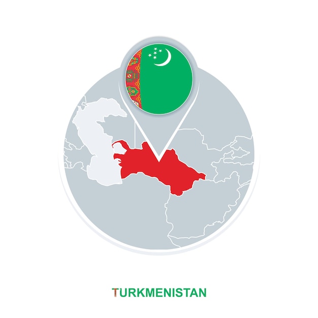 Turkmenistan-karte und flaggenvektorkartensymbol mit hervorgehobenem turkmenistan