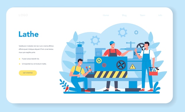 Turner oder drehmaschine web landing page. fabrikarbeiter, der eine drehmaschine verwendet, um metalldetails herzustellen. metallbearbeitung und industrielle fertigung. isolierte flache vektorillustration