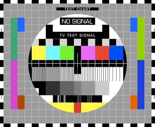 Vektor tv-signaltest-bildschirmtabelle oder fernsehübertragungs-farbgittermuster-vektorhintergrund retro-alte tv- oder videomonitor-testbildschirmanzeige mit statischer bildübertragung und fernsehqualitätskarte