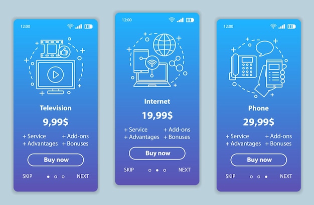 Tv, telefon, internet-bundle beim onboarding mobiler app-bildschirme