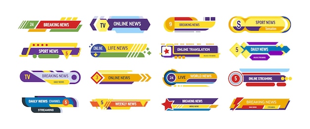 Vektor tv-titel-news-bar-logos radiokanäle news-feeds fernsehen banner von live-tv-broadcast-medien-titel-streaming-show-news-sportkanal-medien-tv-bar