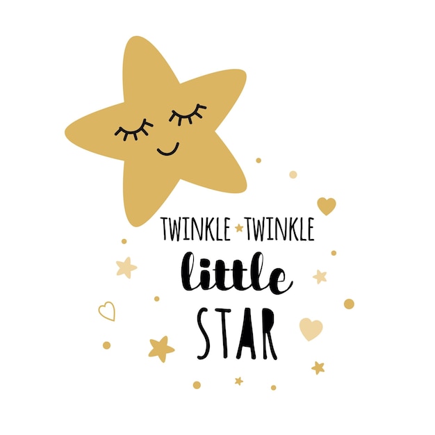 Vektor twinkle twinkle little star text mit niedlichen goldenen sternen für mädchen babyparty kartenvorlage vektorillustration banner für kindergeburtstag design logo label schild drucken inspirierendes zitat