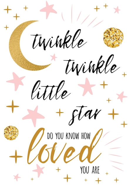 Twinkle twinkle little star text mit niedlichen goldrosa farben für mädchen babyparty kartenvorlage vektorillustration banner für kindergeburtstag design logo label schild drucken inspirierendes zitat