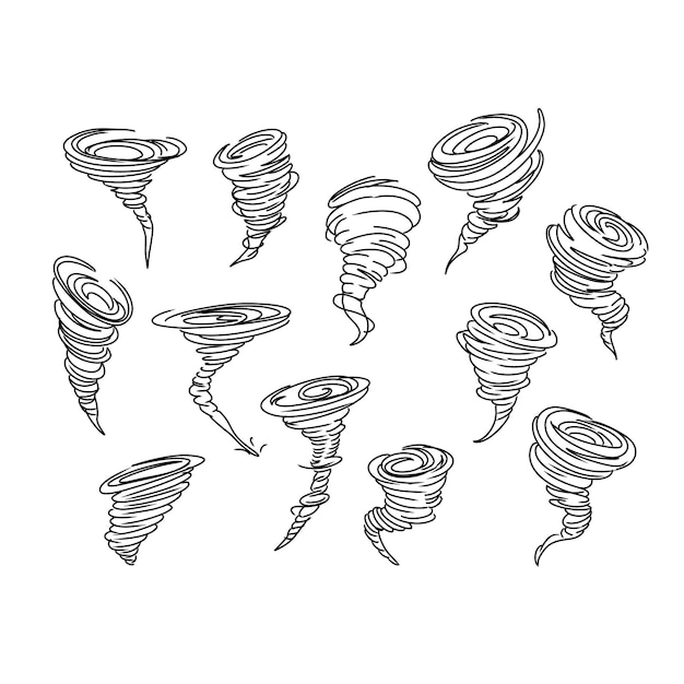 Twister tornado handgezeichnete doodle-illustrationen vektor-set