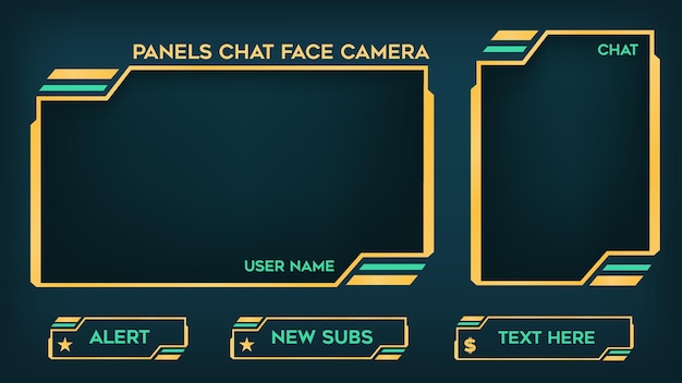 Twitch-Gaming-Stream-Overlay-Warnungen. Tafeln. Chat Box. Gesichtskamera mit gelbem und grünem Hintergrund