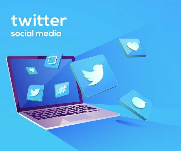 Twitter 3d social media iicon mit laptop dekstop