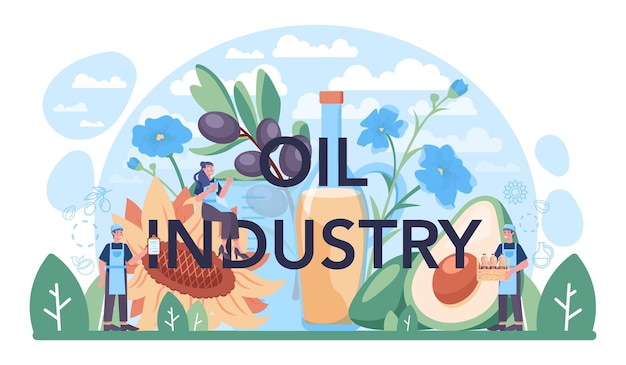 Typografische kopfzeile der ölindustrie. pflanzenölgewinnung oder -produktion. bio-vegetarische zutat zum kochen und zur nicht essbaren produktion. flache vektorgrafik