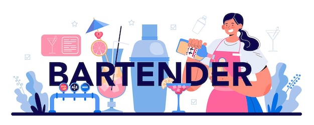 Typografische Kopfzeile des Barkeepers. Barmann bereitet alkoholische Getränke mit Shaker zu