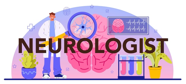 Typografische Kopfzeile des Neurologen. Der Arzt untersucht und behandelt das menschliche Gehirn und das Nervensystem. Therapie von Erkrankungen des Nervensystems. Medizinische MRT-Diagnose und -Beratung. Flache Vektorillustration