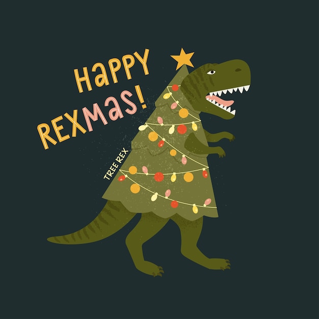 Vektor tyrannosaurus weihnachtsbaum rex karte. dinosaurier mit weihnachtsbaumgirlandenlichtern.