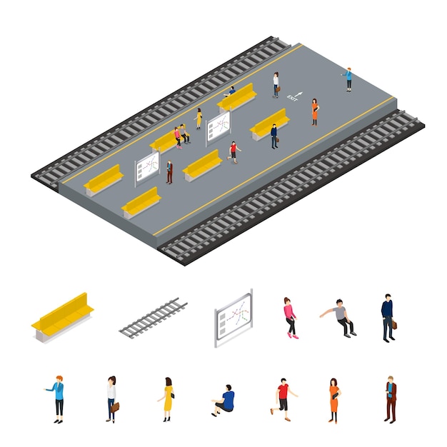 U-bahn-station und teile isometrische ansicht passagiere menschen auf bahnsteig und zug vektorillustration des öffentlichen u-bahn-verkehrs der metro