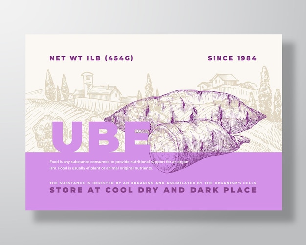 Ube purple yam food label template abstract vector packaging design layout modernes typografie-banner mit handgezeichneter gemüsewurzel und ländlichem landschaftshintergrund isoliert