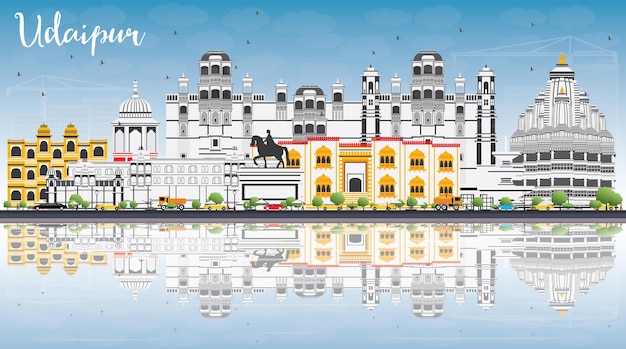 Udaipur-skyline mit farbgebäuden, blauem himmel und reflexionen. vektor-illustration. geschäftsreise- und tourismuskonzept mit historischer architektur. bild für präsentationsbanner-plakat und website.