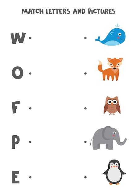 Übereinstimmende buchstaben und bilder. pädagogisches logisches spiel für kinder. alphabet lernarbeitsblatt für kinder im vorschulalter. nette cartoon-tiere.