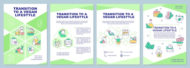 Übergang zu veganer lifestyle-broschürenvorlage pflanzenbasierte ernährung broschürendesign mit linearen symbolen 4 vektorlayouts für die präsentation von jahresberichten arialblack myriad proregular-schriftarten verwendet