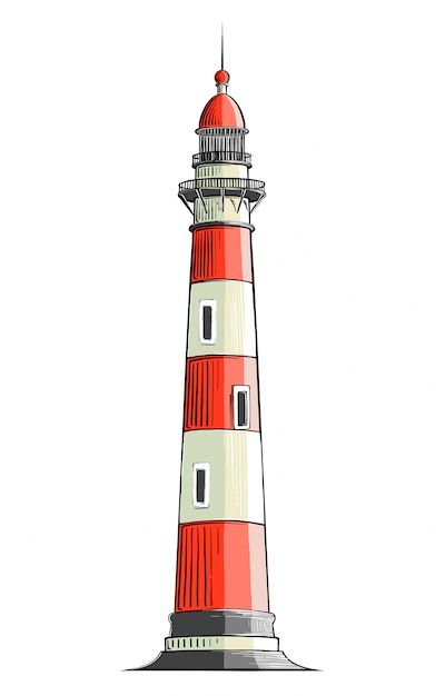 Vektor Übergeben sie gezogene skizze eines leuchtturmes in der farbe, lokalisiert. detailzeichnung im vintage-stil. vektor-illustration