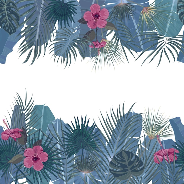 Übergeben Sie gezogene tropische Palmblätter und exotische Blumenfeiertagsschablone des Dschungels auf weißem Hintergrund mit nahtloser Rahmengrenze