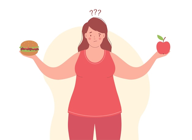 Übergewichtige Frau trifft die Wahl zwischen gesunder und ungesunder Ernährung Frau hält einen Apfel in der einen und einen Burger in der anderen Gewichtsverlust und gesundes Ernährungskonzept
