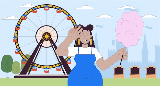 Übergroße lateinamerikanische Frau besucht einen Vergnügungspark Cartoon Flat Illustration