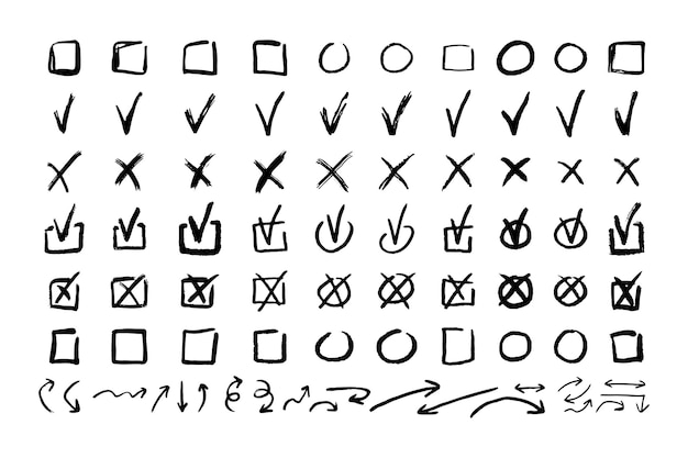 Überprüfungsmarkierungen, Schnitzel, schwarze Zeile, Element-Set, Tick und ein Kreuz, leere dünne Schachtel und Pfeilzeichen, Grunge-Handgezeichneter Stil