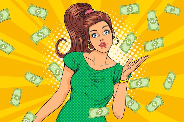 Überraschen Sie die Geschäftsfrau, die mit fallendem Geld erfolgreich ist, und sagen Sie WOW OMG Pop-Art Retro-Comic-Stil