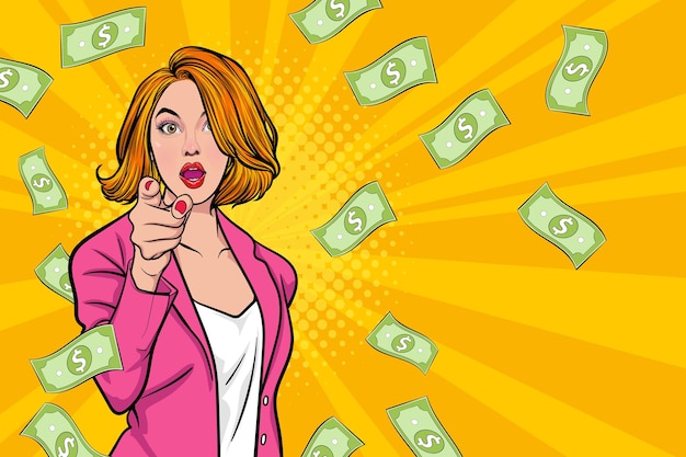 Überraschen Sie die Geschäftsfrau, die mit fallendem Geld erfolgreich ist, und sagen Sie WOW OMG Pop-Art Retro-Comic-Stil