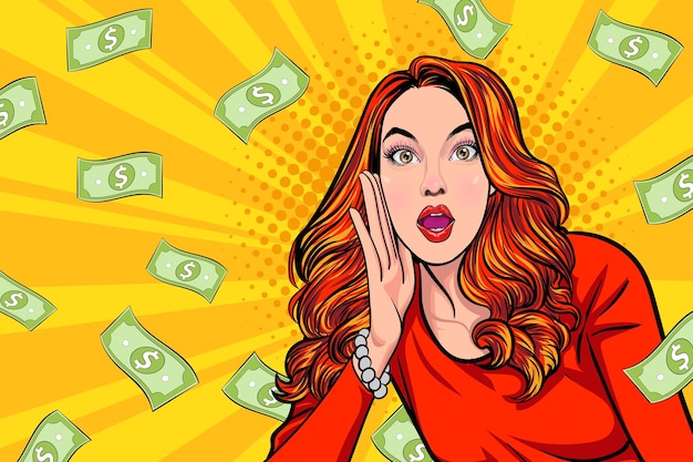 Überraschen Sie die Geschäftsfrau, die mit fallendem Geld erfolgreich ist, und sagen Sie WOW OMG Pop-Art Retro-Comic-Stil