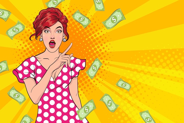 Überraschen Sie die Geschäftsfrau, die mit fallendem Geld erfolgreich ist, und sagen Sie WOW OMG Pop-Art Retro-Comic-Stil