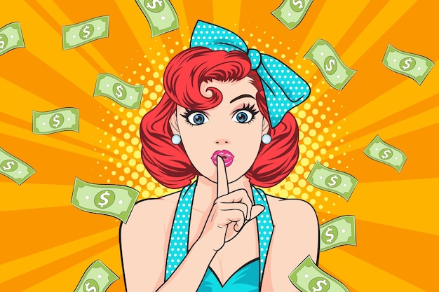 Überraschen Sie die Geschäftsfrau, die mit fallendem Geld erfolgreich ist, und sagen Sie WOW OMG Pop-Art Retro-Comic-Stil