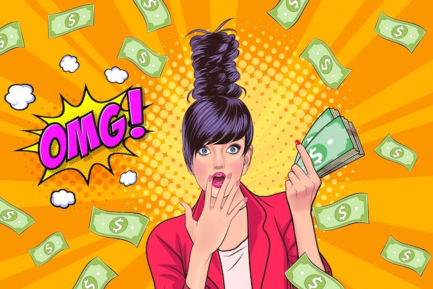 Überraschen sie geschäftsfrau erfolgreich und schockierend mit falling money sagen wow omg pop-art retro-comics