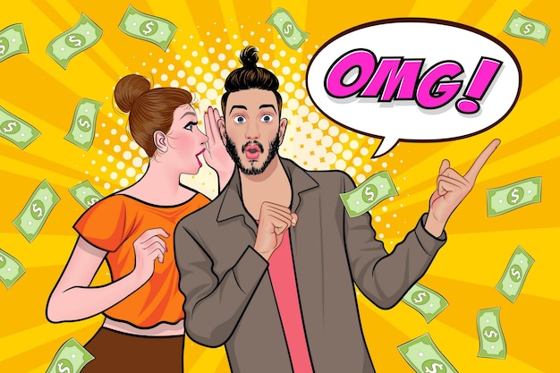 Überraschen sie geschäftsfrau erfolgreich und schockierend mit falling money sagen wow pop-art retro-comic-stil