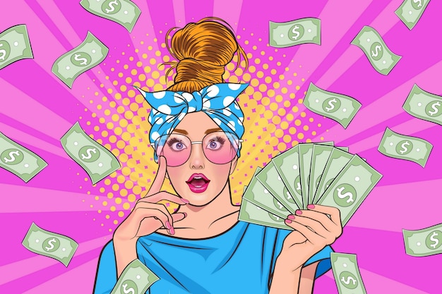 Überraschen Sie Geschäftsfrau erfolgreich und schockierend mit Falling Money sagen WOW Pop-Art Retro-Comic-Stil