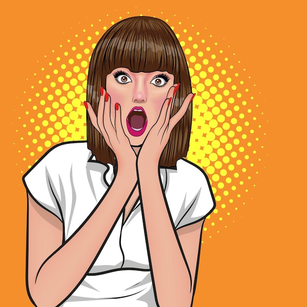 Überraschte schöne Frau sieht etwas im Pop-Art-Comic-Stil aus