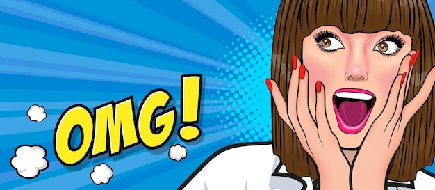 Überraschte schöne Frau sieht etwas im Pop-Art-Comic-Stil aus
