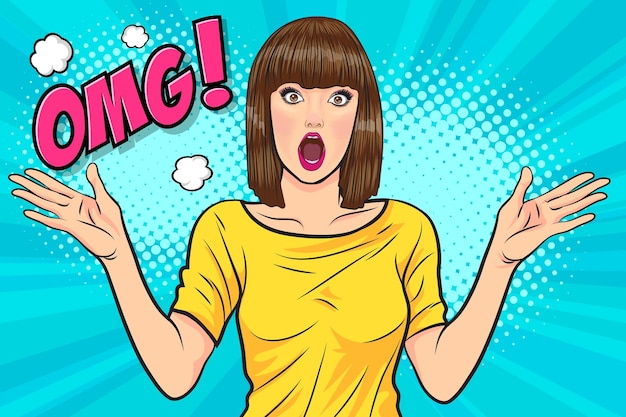 Überraschte schöne Frau sieht etwas im Pop-Art-Comic-Stil aus