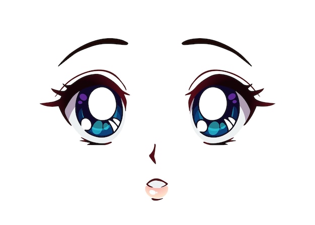 Vektor Überraschtes anime-gesicht. große blaue augen im manga-stil, kleine nase und kawaii mund. handgezeichnete vektor-cartoon-illustration.