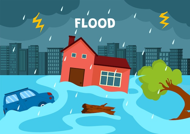 Vektor Überschwemmungen illustration des sturms, der verheerende schäden anrichtete und die stadt überschwemmte, wobei häuser und autos sanken