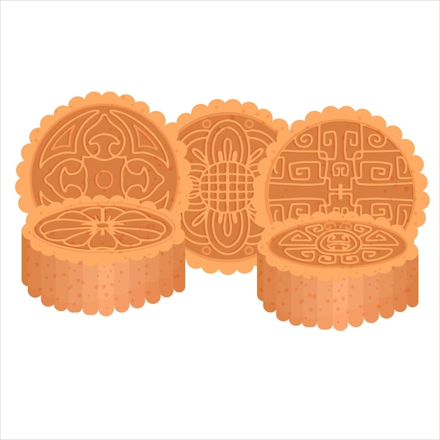 Übersetzung chinesisch mooncake happy mid autumn festival cakes hat verschiedene muster vektorillustration isoliert auf weißem hintergrund