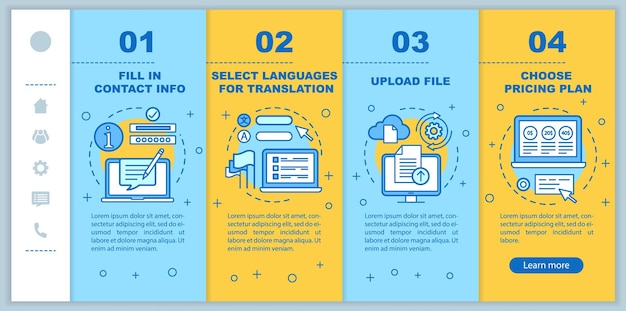 Übersetzungsdienst beim Onboarding mobiler Webseiten Vektorvorlage