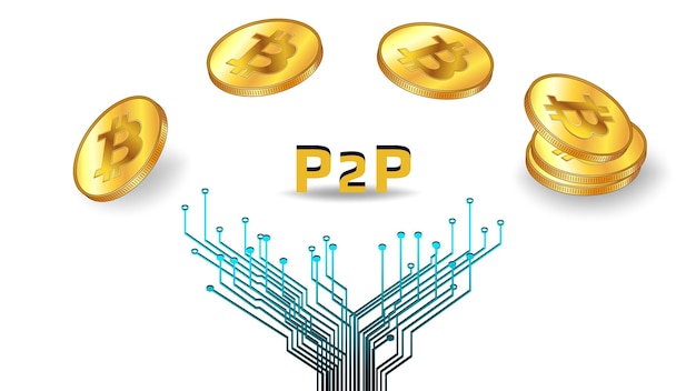 Übertragung von Kryptowährung Bitcoin BTC Peer-to-Peer P2P Fliegende BTC-Münzen mit PCB-Spuren isoliert auf weißem Hintergrund