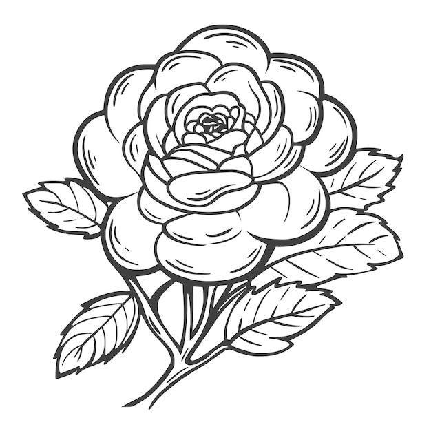 Üppige pfingstrosenblüten-tintenskizze. schöne blühende blütenblätter, einsame rose. handgezeichnete schwarze skizze