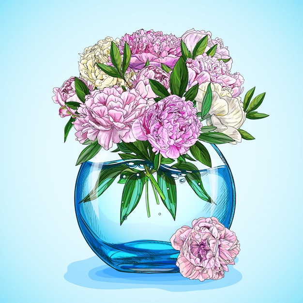 Vektor Üppiges rosa pfingstrosenbouquet in einem blauen goldfischglas