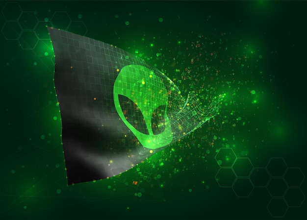 UFO auf Vektor 3D-Flagge auf grünem Hintergrund mit Polygonen und Datennummern