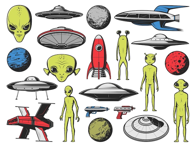 UFO, außerirdische Raumschiffe und Planeten. Vector humanoide Aliens, außerirdische Kreaturen mit grüner Haut und großen Augen, Fantasy-Raumschiff, futuristische Raketen und fliegende Untertassen, fiktive Blaster-Waffe