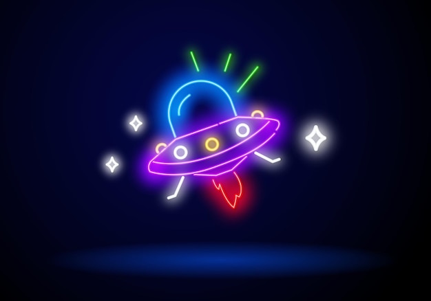 Ufo einfaches zeichen grünes neon-symbol in der dunkel verschwommenen blitzdarstellung