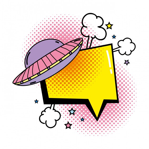 Ufo fliegt mit sprechblase pop-art-stil