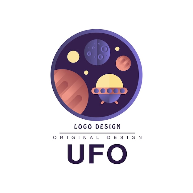 Ufo-Logo Original-Design-Abzeichen mit Planeten und Raumschiff-Vektor Illustration isoliert auf weißem Hintergrund