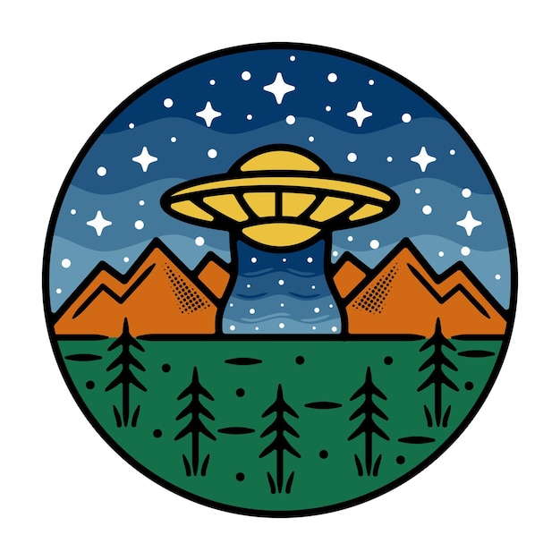 Ufo monoline outdoor-abzeichen design mit berg